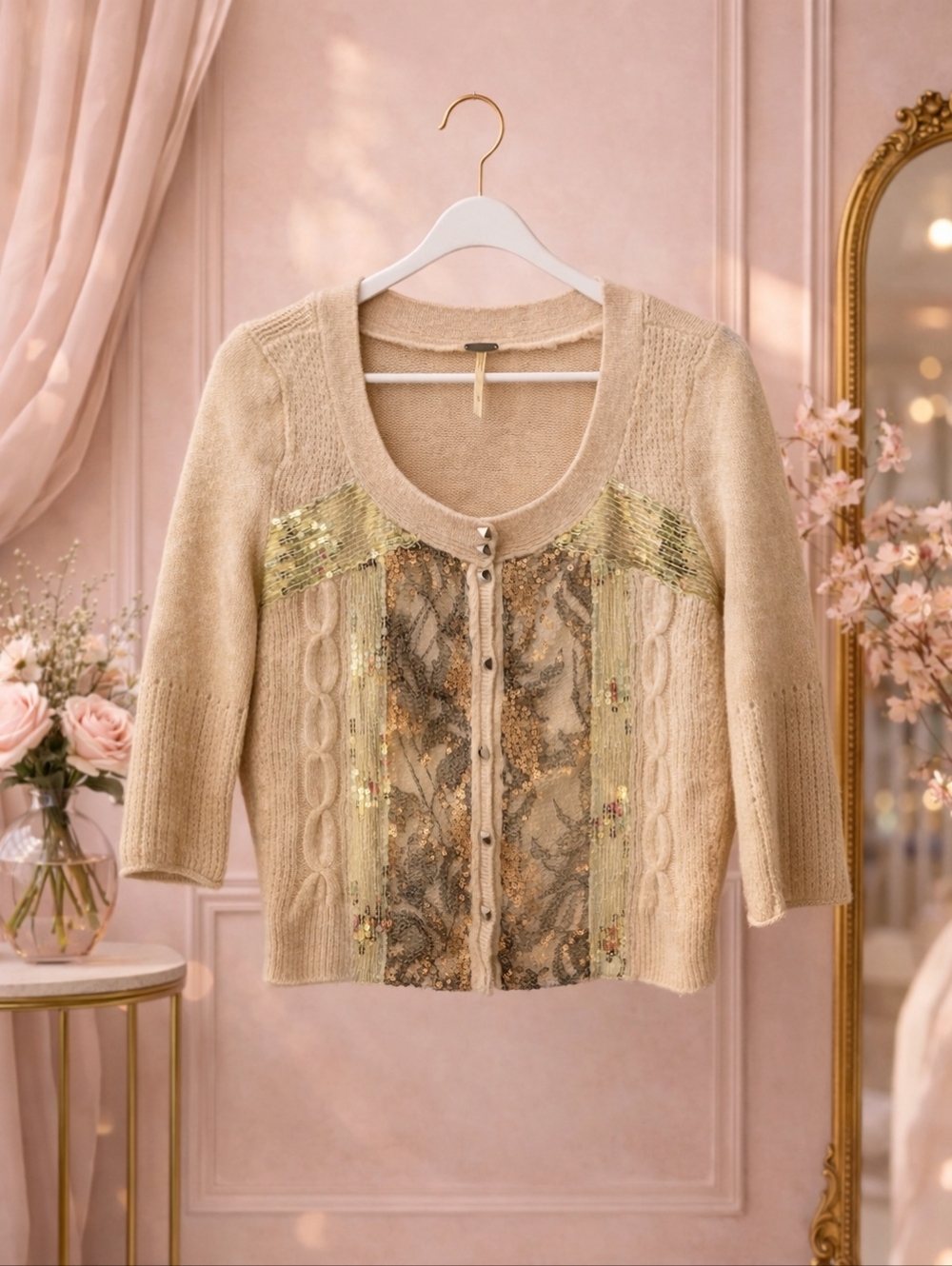 Free People Small Beige Sequin Lace Panel Cardigan